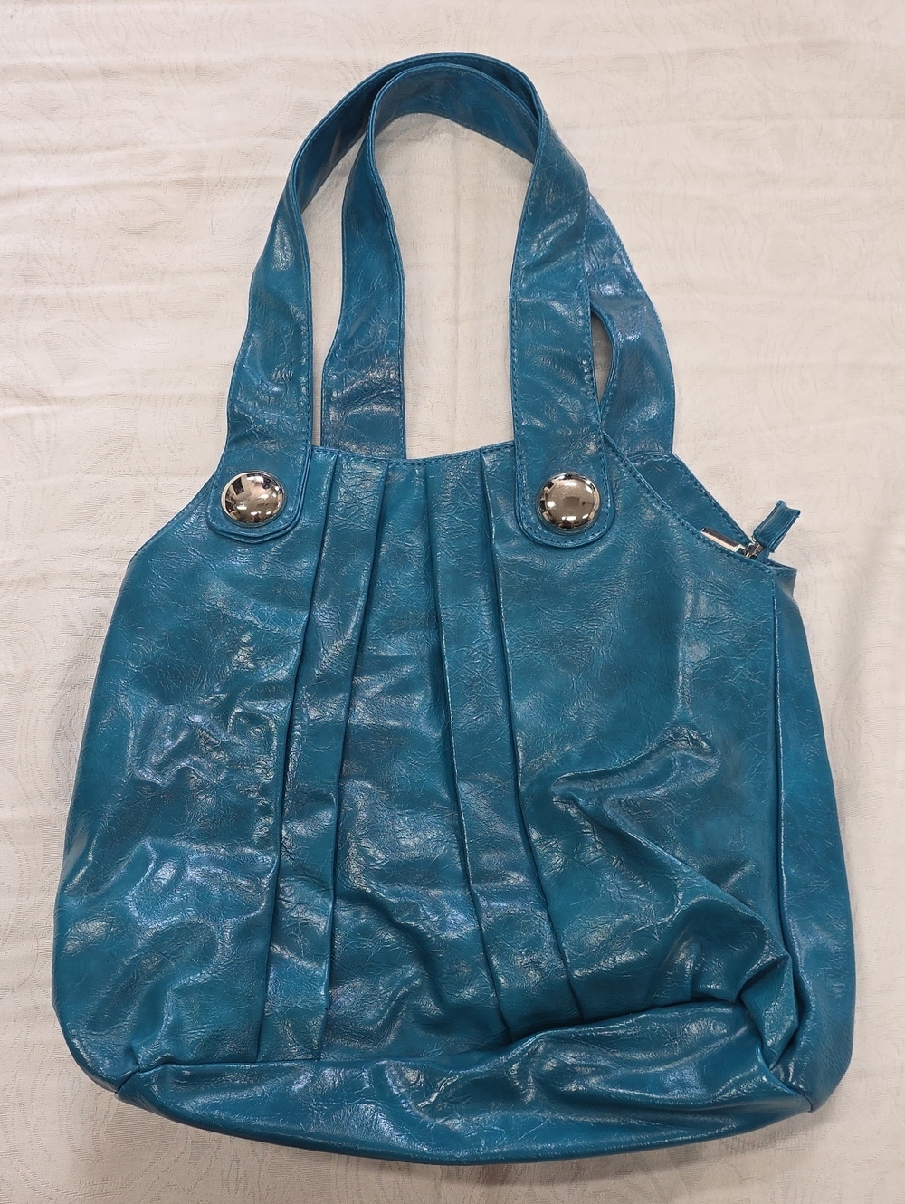 Ricki’s Teal Blue Crushed Faux Leather Shoulder Bag Tote Animal Print Lining